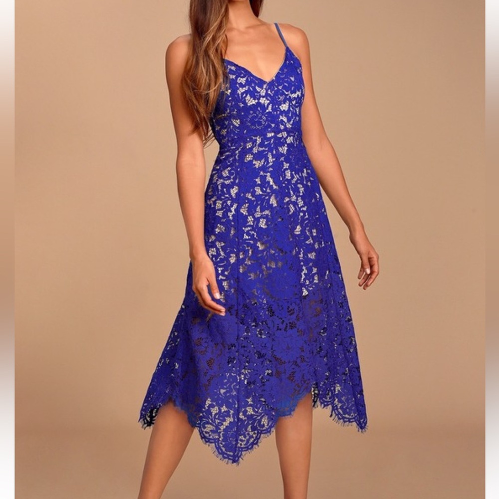 Lulus One Wish Royal Blue Lace Midi Dress - Picture 4 of 8